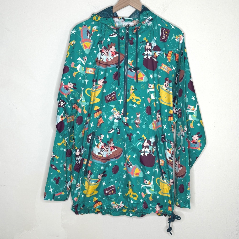 Disney Parks Anorak Windbreaker Jacket Mens Large Green Character Print Retro